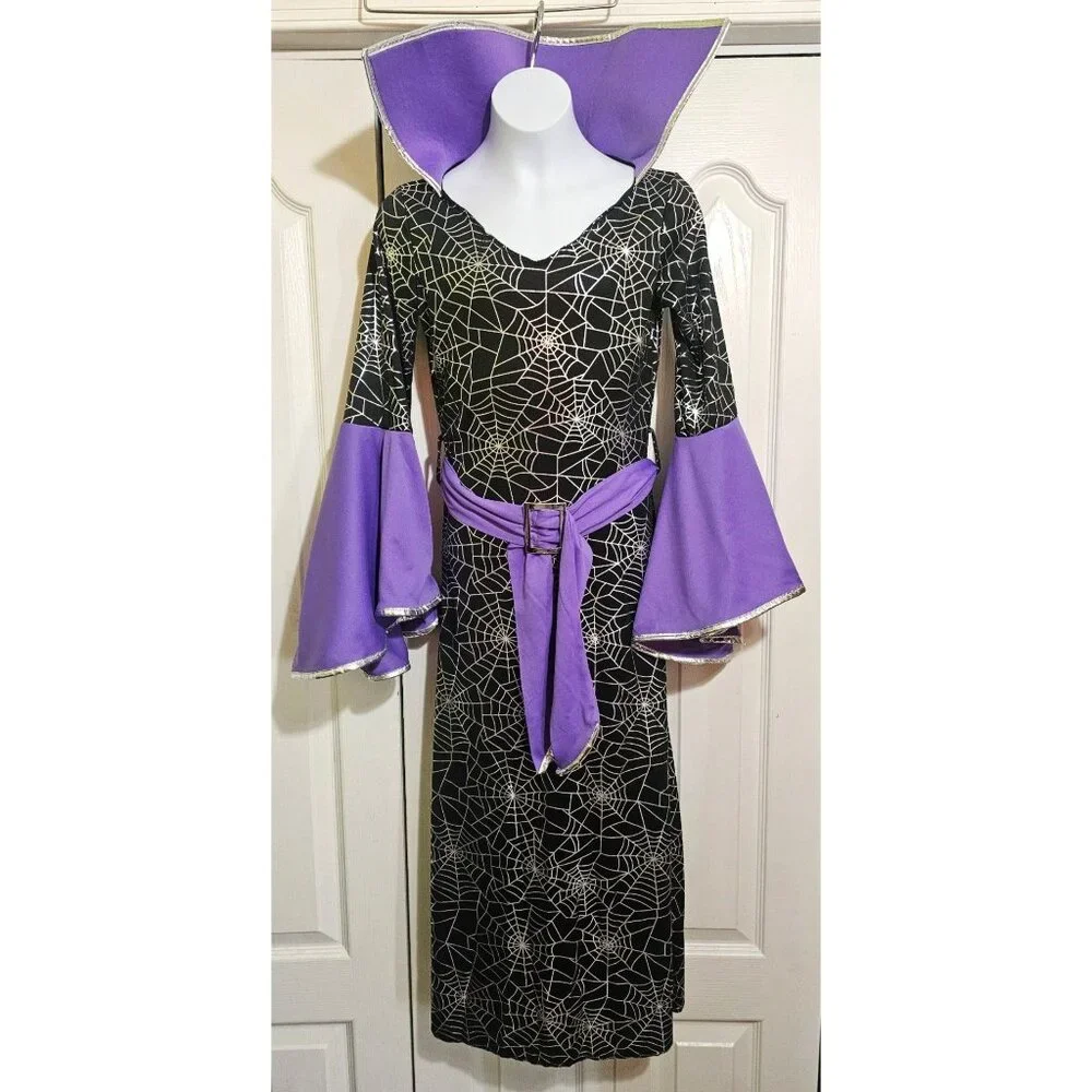 Purple Spiderweb Witch Costume Girls 10-12 Silver Black Dress Hat Halloween Glow